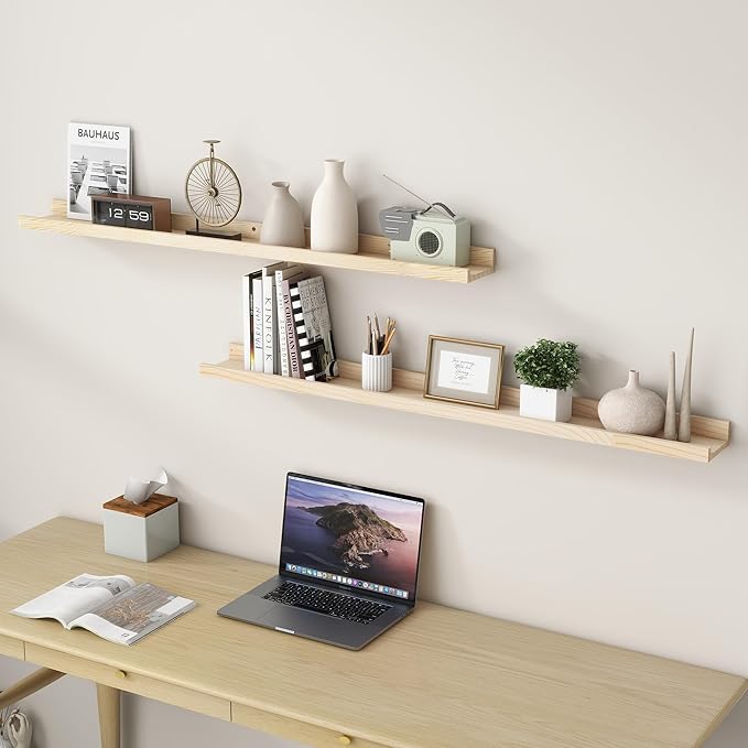 FLYJOE Picture Ledge Shelf, Floating Shelves Set of 2, Solid Ash Wood 48'' Long Large Nursery Book Shelves for Toys Storage, Kids Bookshelf for Living Room Bedroom Decor Books Photo Frames, Natural