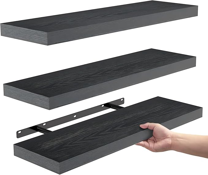 BAYKA Floating Shelves for Wall, Wall Mounted Rustic Wood Shelves for Bathroom, Bedroom, Living Room, Kitchen, Hanging Shelf for Books/Storage/Room Decor with 22lbs Capacity (Black, Set of 3, 15.7in)