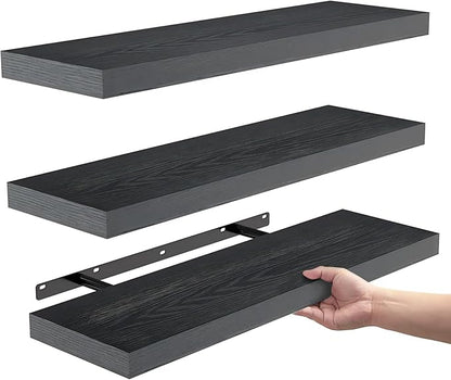 BAYKA Floating Shelves for Wall, Wall Mounted Rustic Wood Shelves for Bathroom, Bedroom, Living Room, Kitchen, Hanging Shelf for Books/Storage/Room Decor with 22lbs Capacity (Black, Set of 3, 15.7in)