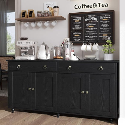 4 EVER WINNER Black Coffee Bar Cabinet, 55" Large Buffet Cabinet with Storage & Adjustable Shelves, Farmhouse Sideboard Buffet Cabinet with 2 Drawers and 4 Doors for Kitchen, Dining Room, Living Room