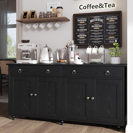 4 EVER WINNER Black Coffee Bar Cabinet, 55" Large Buffet Cabinet with Storage & Adjustable Shelves, Farmhouse Sideboard Buffet Cabinet with 2 Drawers and 4 Doors for Kitchen, Dining Room, Living Room
