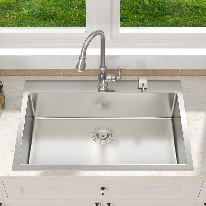 33 Inch Drop in Kitchen Sink-33x19 Drop in Kitchen Sink 18 Gague Topmount Stainless Steel Single Bowl Handmade Sinks Large Deep Basin 33"x19"x9"