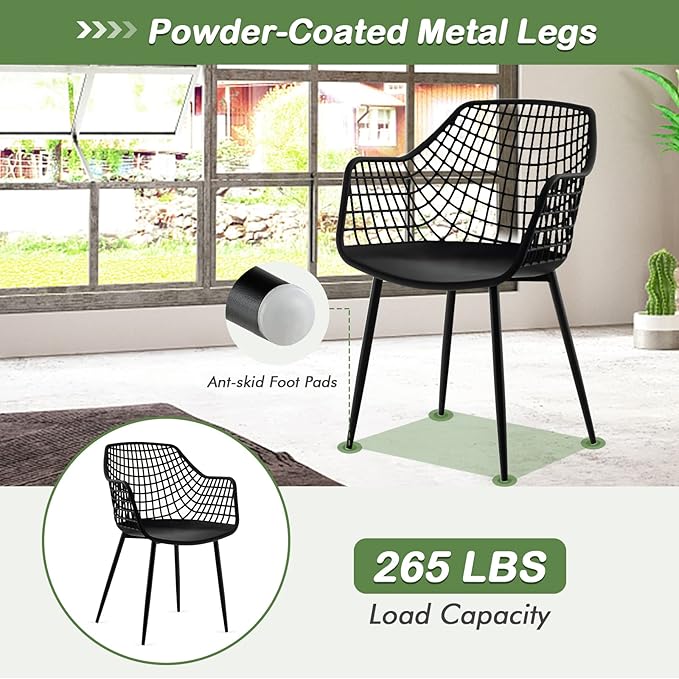 Giantex Modern Dining Chairs Set of 4 - Black Arm Chair with 15" High Backrest, Powder-Coated Metal Legs, Anti-Slip Foot Pads, Max Load 265 lbs, Kitchen Dining Room