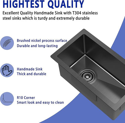 Undermount Wet Bar Sink, 10 x 18 Inch Small Bar Sink Black 18 Gauge T304 Stainless Steel Single Bowl RV Sink with Strainer