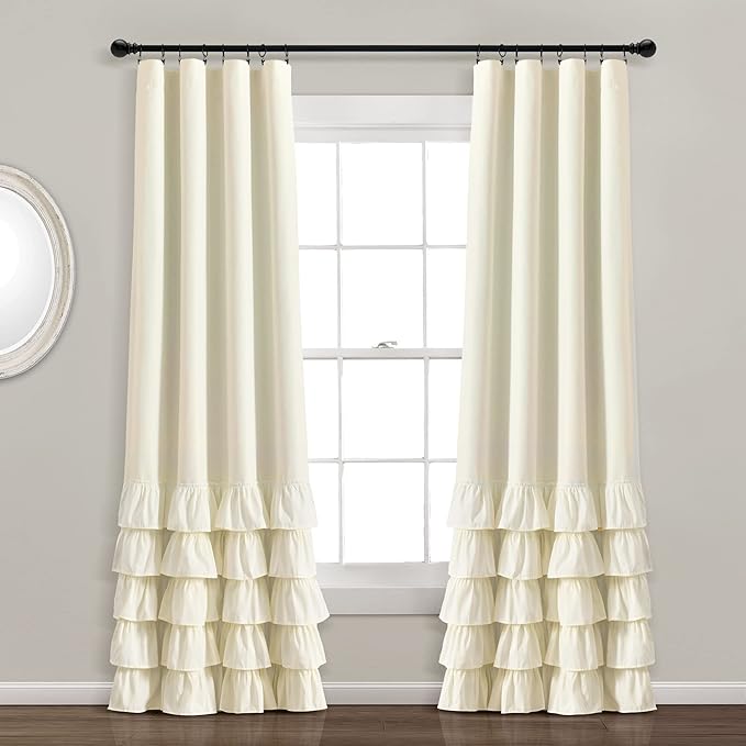 Lush Decor Allison Ruffle 100% Blackout Window Curtain Single 40" W x 84" L Ivory - Cream Blackout Curtains for Bedroom or Nursery - Coquette Curtains
