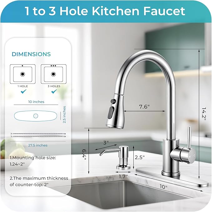 Pull Down Kitchen Faucet with Soap Dispenser - Polished Chrome Single Handle Kitchen Faucets, High Arc Stainless Steel Pull Out Kitchen Sink Faucet with Deck for RV Laundry Farmhouse Bar