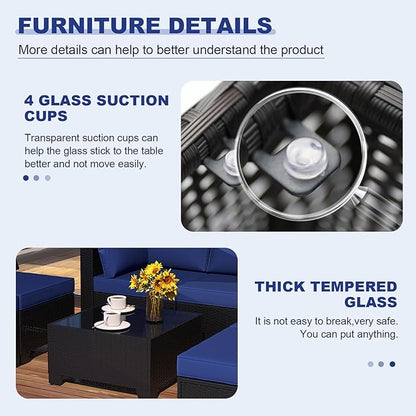 Outdoor Wicker Patio Furniture Set, Rattan Sectional Sofa Set with Thick Cushions (Coffee/Blue, 7 Piece Sofa Set)