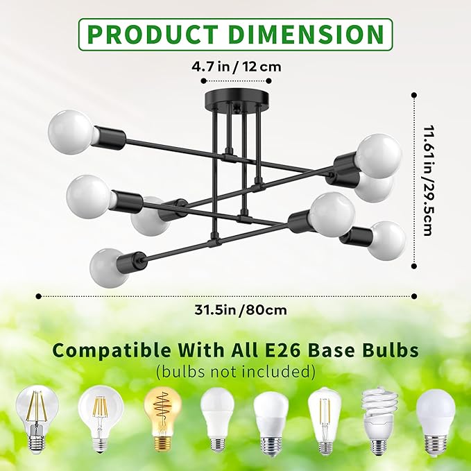 Modern Sputnik Chandelier Ceiling Light Fixtures, 8-Lights Mid Century Industrial Metal Semi Flush Mount for Dining Room, Bedroom, Living Room-Black