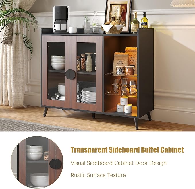 HedoAjim Sideboard Buffet Cabinet with Storage, Farmhouse Buffet Table Coffee Bar Storage Cabinet with 4 Doors, 3 Drawers and Shelves, Sideboard for Dining Room Kitchen (Brown)