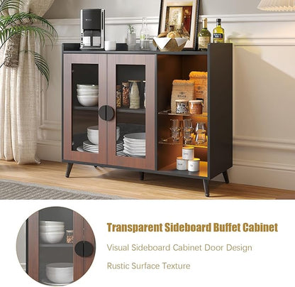 HedoAjim Sideboard Buffet Cabinet with Storage, Farmhouse Buffet Table Coffee Bar Storage Cabinet with 4 Doors, 3 Drawers and Shelves, Sideboard for Dining Room Kitchen (Brown)