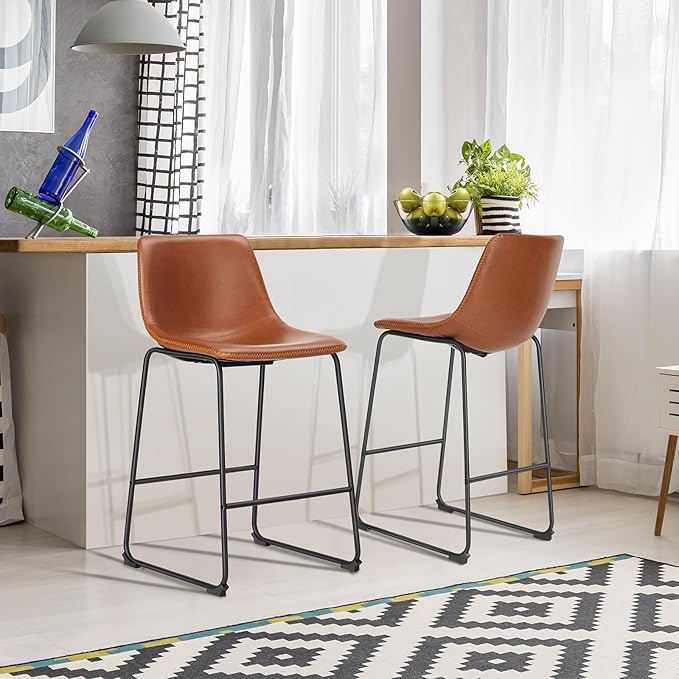 Sweetcrispy Counter Height Bar Stools Set of 2, 30 inch Height Stool Faux Leather Barstools with Back, Armless Kitchen Island Countertop Comfortable Modern Chairs with Metal Legs, Warm Brown