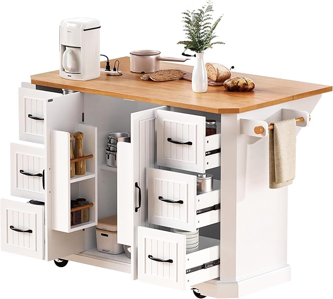 Ball & Cast 56" Large Modern Kitchen Island with Rubber Wood Veneer Drop Leaf, Power Outlet, 6 Drawers, 4 Door Shelves, White