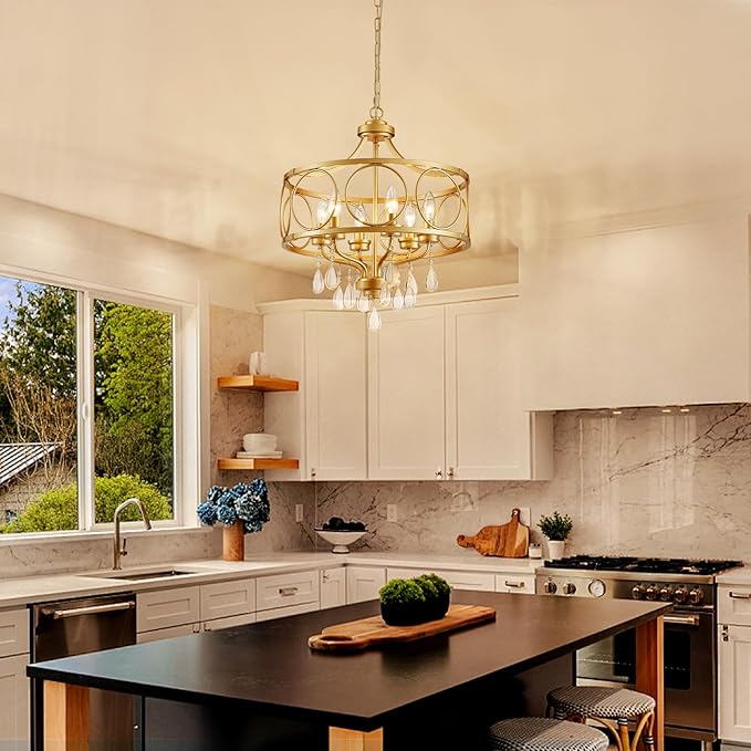 6-Light Modern Gold Crystal Chandelier, 17.7" Farmhouse Ceiling Light Fixture, Hanging Metal Pendant Lights Kitchen Island Dining Room Entryway Foyer