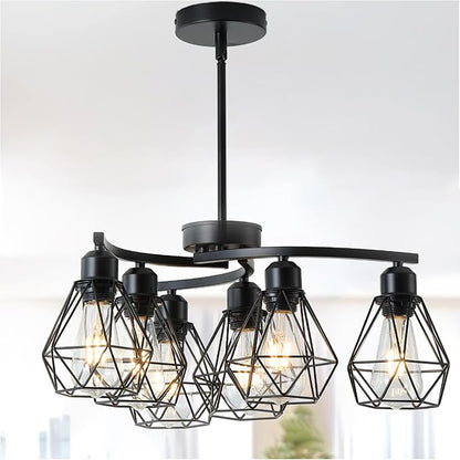 6-Light Black Chandelier,Farmhouse Chandeliers for Dining Room Light Fixtures Over Table,21.7" Industrial Hanging Pendant Lighting with Metal Cage Shade for Kitchen Island Entryway Foyer Bedroom