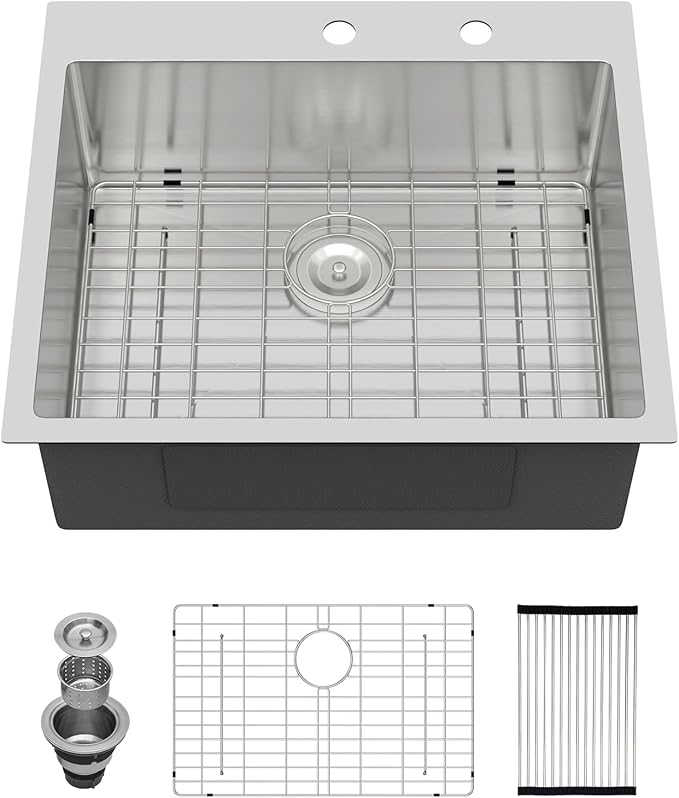 25 x 22 Inch Drop In Kitchen Sink Stainless Steel Single Bowl 25 Inch Drop In RV Laundry Utility Sink Large Deep Handmade Topmount Sinks 25"x22"x9"