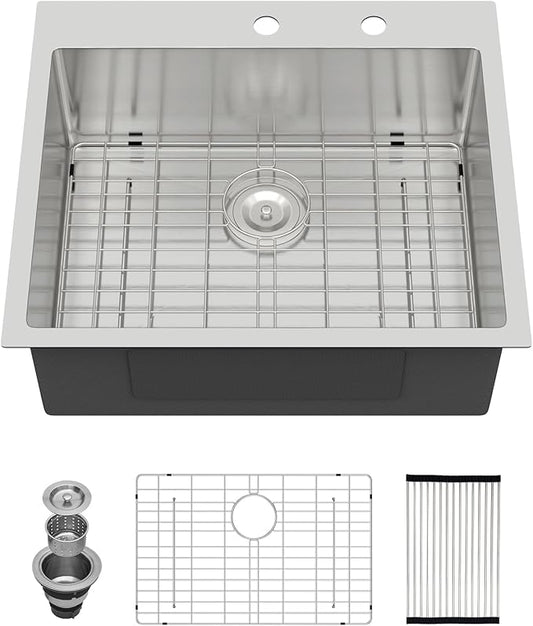 25 x 22 Inch Drop In Kitchen Sink Stainless Steel Single Bowl 25 Inch Drop In RV Laundry Utility Sink Large Deep Handmade Topmount Sinks 25"x22"x9"