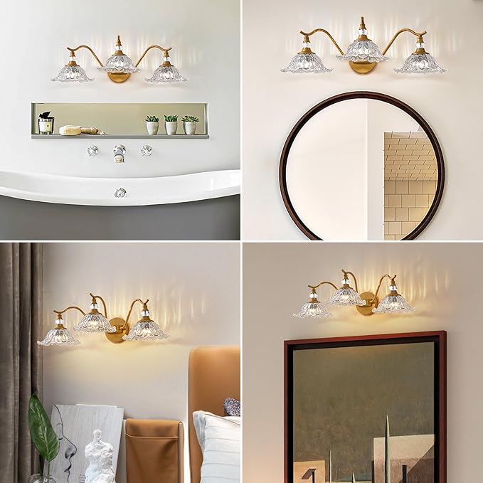 Vintage Bathroom Vanity Light Fixtures - 3 Light Antique Brass Bathroom Lights Fixture Over Mirror with Clear Flower Glass,Retro Brushed Gold Bronze Wall-Mounted Vanity Lighting for Powder Room