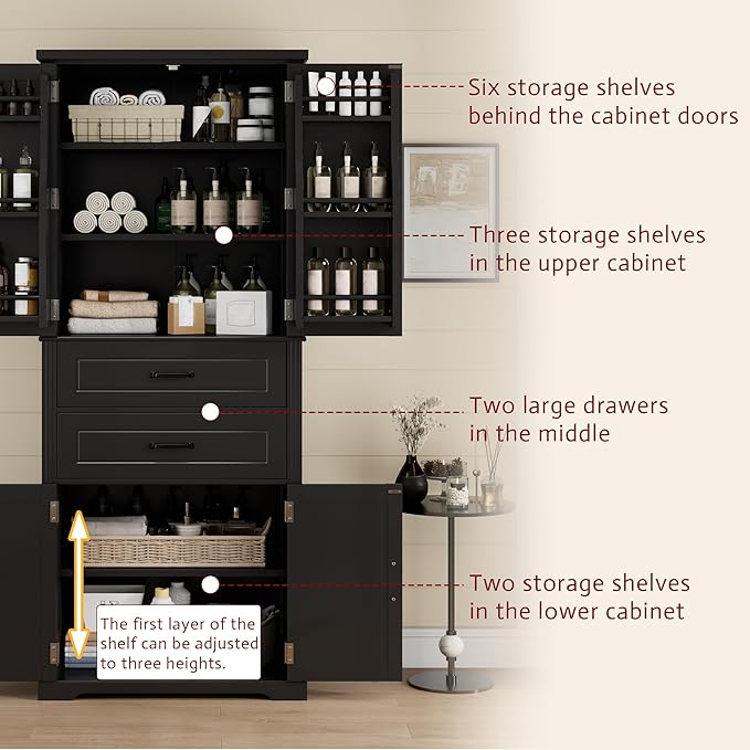 Merax 72.5" Tall Kitchen Pantry Storage Cabinet, Farmhouse Freestanding Large Cupboard with Two Drawers, Bathroom Cabinet with Adjustable Shelves, 6 Door-Shelf for Dining Room, Black