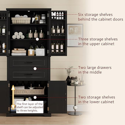 Merax 72.5" Tall Kitchen Pantry Storage Cabinet, Farmhouse Freestanding Large Cupboard with Two Drawers, Bathroom Cabinet with Adjustable Shelves, 6 Door-Shelf for Dining Room, Black