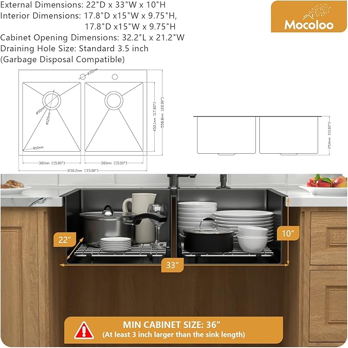 Mocoloo Double Bowl Kitchen Sink Drop in 33 x 22 Sink Gunmetal Black Double Bowl 50/50 Stainless Steel 16 Gauge Handmade, 10'' Deep Sinks