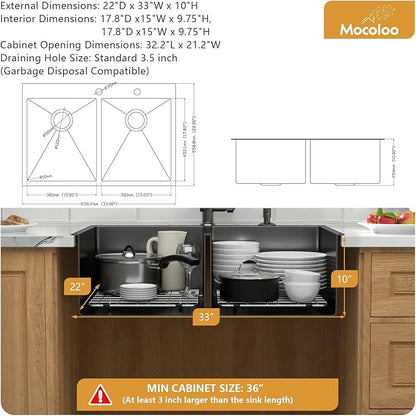 Mocoloo Double Bowl Kitchen Sink Drop in 33 x 22 Sink Gunmetal Black Double Bowl 50/50 Stainless Steel 16 Gauge Handmade, 10'' Deep Sinks