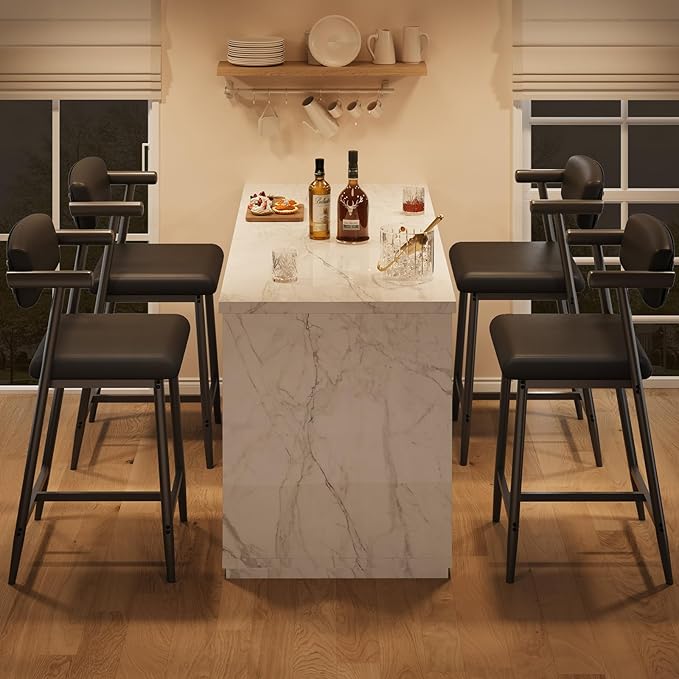 GarveeHome Bar Stools Set of 8 with Arms, 26" Modern 8pcs Counter Height Metal Barstools Set with Back & Footrest, Upholstered Wider Seat, Sturdy Frame, for Counter Bar, Kitchen Island, Retro Black