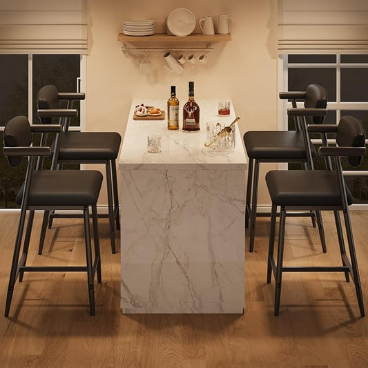 GarveeHome Bar Stools Set of 8 with Arms, 26" Modern 8pcs Counter Height Metal Barstools Set with Back & Footrest, Upholstered Wider Seat, Sturdy Frame, for Counter Bar, Kitchen Island, Retro Black