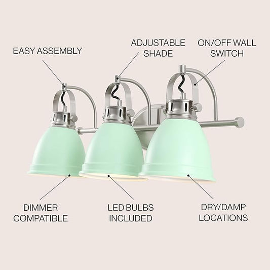 JONATHAN Y 25.5" Mint Green/Nickel 3-Light LED Vanity Light, Adjustable Wall Sconce for Bathroom Mirror, Farmhouse Bohemian Kitchen Light, Iron Black Bell Shade (JYL1116C)