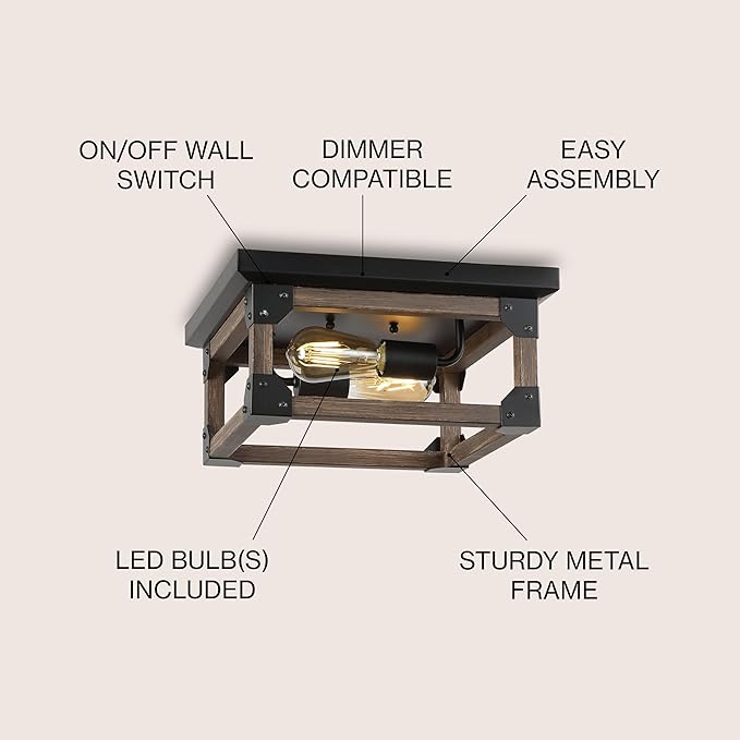 JONATHAN Y 13" Brown/Black 2-Light Iron Flush Mount, Square Open Frame Rustic Farmhouse Ceiling Light for Kitchen, Barnwood Finish, UL Listed, LED Bulbs Included JYL7480A