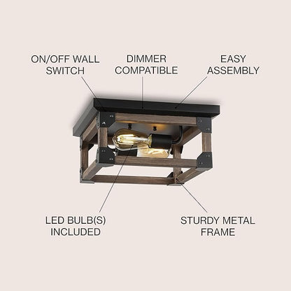 JONATHAN Y 13" Brown/Black 2-Light Iron Flush Mount, Square Open Frame Rustic Farmhouse Ceiling Light for Kitchen, Barnwood Finish, UL Listed, LED Bulbs Included JYL7480A