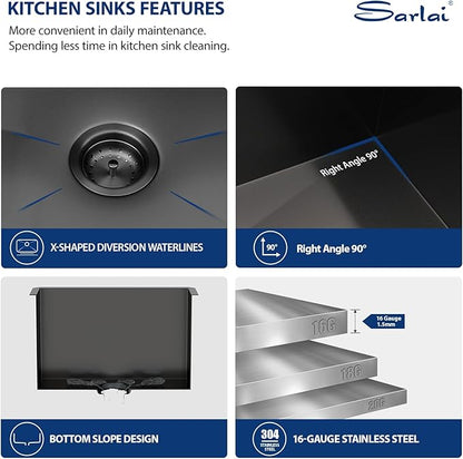 Sarlai Black Undermount Laundry Sink 23 Inch - 13 Inch Deep Undermount Laundry Utility Gunmetal Black Sink Single Bowl Kitchen Sinks 16 Gauge Stainless Steel Laundry Tub Sinks Basin 23"x18"x13"