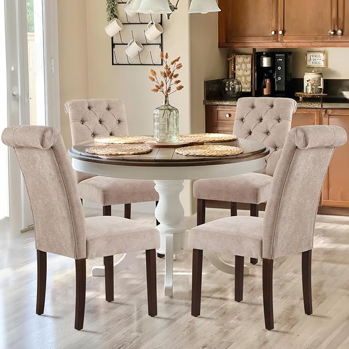Tufted Dining Chairs Set of 6, Upholstered Parsons Dining Room Chairs, Fabric Kitchen Side Chair with Wood Legs, Taupe