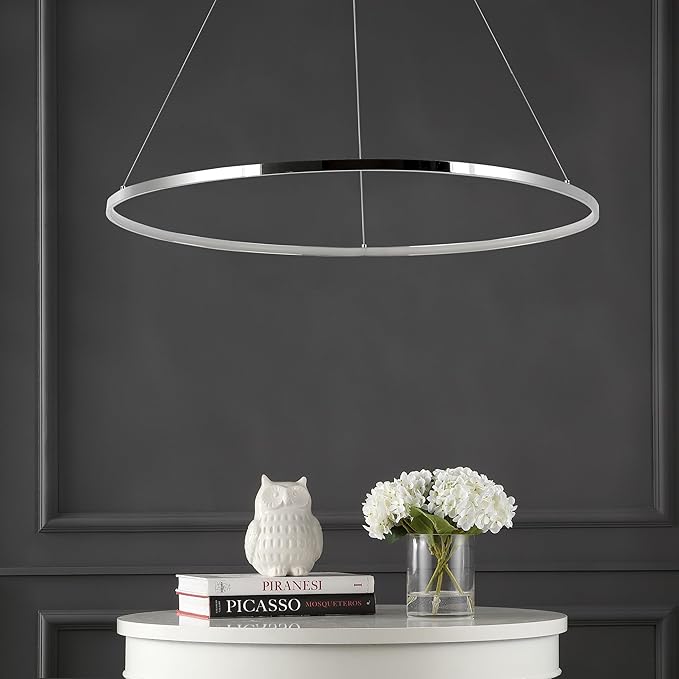 JONATHAN Y 35" Chrome Modern Integrated LED Pendant Light, Dimmable Round Hoop Chandelier for Kitchen Island, Dining Room, Adjustable Height Metal Hanging Light (JYL7220C)