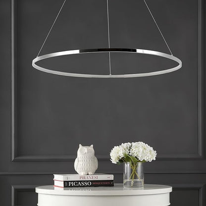 JONATHAN Y 35" Chrome Modern Integrated LED Pendant Light, Dimmable Round Hoop Chandelier for Kitchen Island, Dining Room, Adjustable Height Metal Hanging Light (JYL7220C)