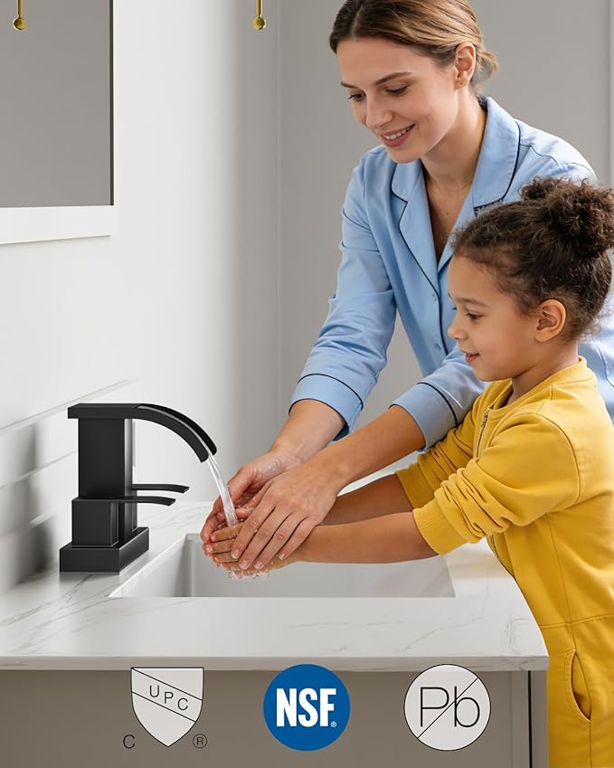 gotonovo Waterfall 4 Inch Centerset Bathroom Sink Faucet 2 Handle Basin Faucets 2 or 3 Hole Deck Mount with Pop Up Drain Included Lavatory Modern Mixer Tap Vanity Faucet Matte Black