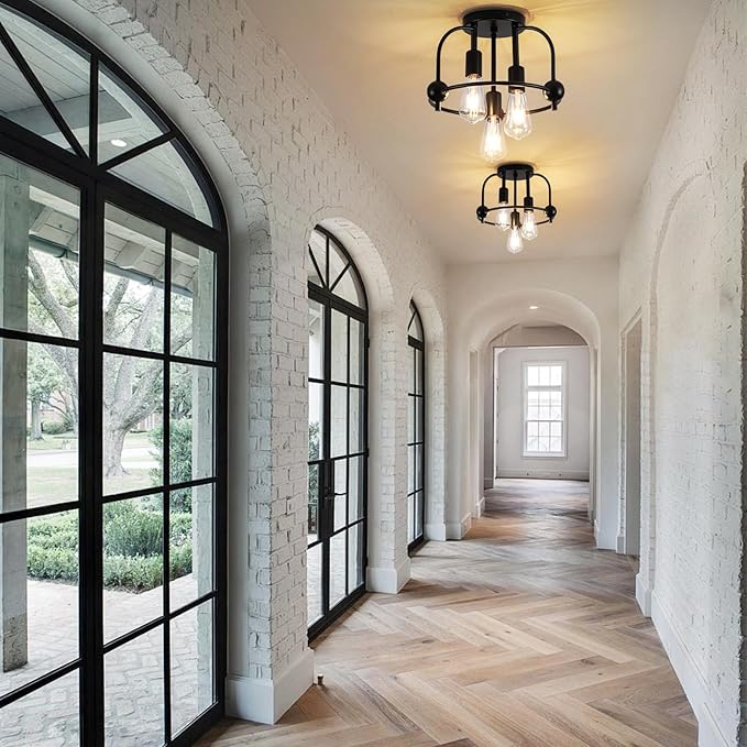 3 Light Industrial Ceiling Light Black Semi Flush Mount Lights Close to Ceiling Light Fixtures,cage Design Farmhouse Ceiling Lighting for Kitchen Bedroom Bathroom Foyer Hallway (E26, 2Pack)