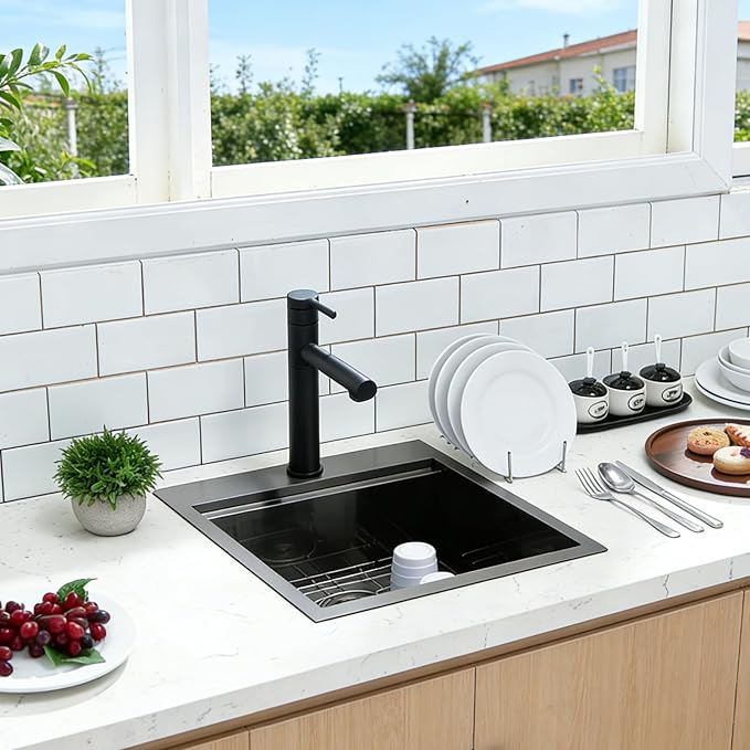 Friho 18x18 Black Stainless Steel Drop In Bar Sink, 9 Inch Deep Single Bowl Workstation Wet Bar Sink with Cutting Board & Strainer