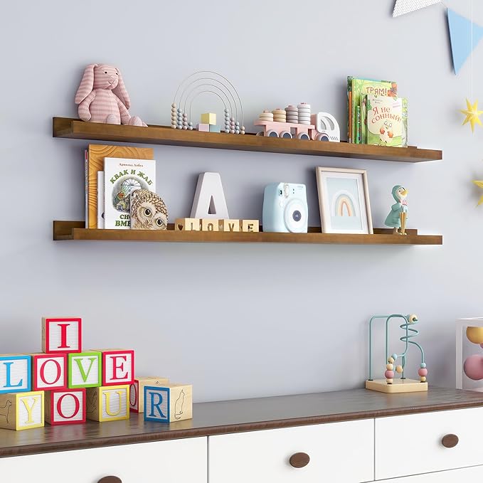 FLYJOE Picture Ledge Wall Shelves 48 inch Width Set of 2, Solid Pine Wood Rustic Floating Ledge Shelves for Wall for Kids' Room Bedroom Kitchen Bathroom Living Room Nursery Display Wall Decor, Walnut