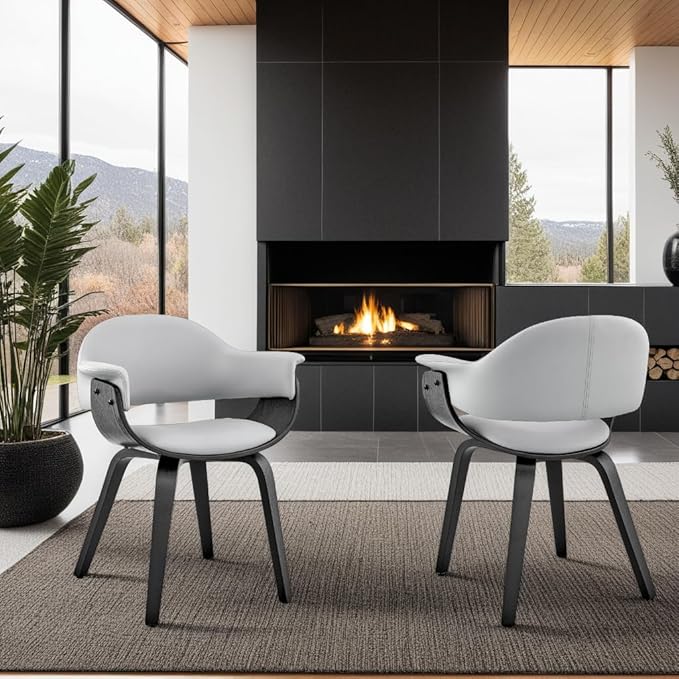 Armen Living Adalyn Faux Leather and Wood Dining Room Accent Chair, Gray/Black 19D x 25W x 30H in