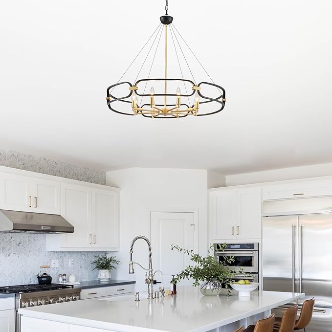 Black and Gold Chandelier, 31" Large 8-Light Industrial Chandeliers for Dining Room, Round Farmhouse Kitchen Pendant Light Fixture for Entryway, Living Room, Bedroom, Foyer