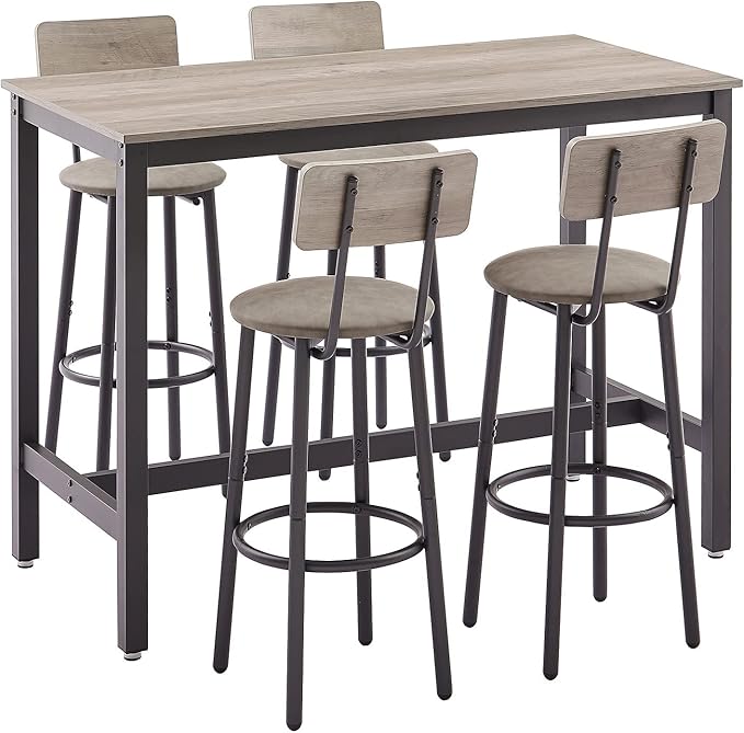 GNIXUU Bar Table and Chairs Set for 4, 5 Pieces Industrial Counter Height Pub Table and 4 PU Soft Stools with Backrest, High Kitchen Breakfast Table Set for Restaurant, Dining Room(Grey)
