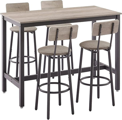 GNIXUU Bar Table and Chairs Set for 4, 5 Pieces Industrial Counter Height Pub Table and 4 PU Soft Stools with Backrest, High Kitchen Breakfast Table Set for Restaurant, Dining Room(Grey)