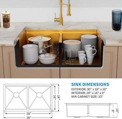 30 Inch Gold Sink Undermount Double Bowl, 16 Gauge 50/50 Double Bowl Stainless Steel Workstation Sink, 30"x18"x10" Large and Deep Kitchen Sink With Accessories