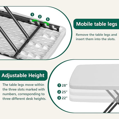 30 Inch Folding Table Set of 2, Adjustable Height TV Tray for Small Spaces, Heavy Duty Foldable Utility Table for Laptop, Dining, Camping, No Assembly, 200 lbs Capacity, White Granite