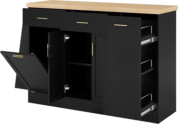 TREXM Multi-Functional Storage Sideboard, Trash Can Storage, Sliding Door Cabinet & 3-Tier Spice Rack,Kitchen Island Table for Kitchen, Dining Room (White) WL,BlackParticleBoardMD