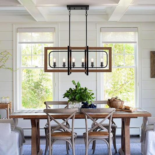 Farmhouse Kitchen Island Lighting, 6-Light Dining Room Light Fixtures Over Table Rustic Wood Pendant Lights Adjustable Chandelier for Kitchen Dining Room