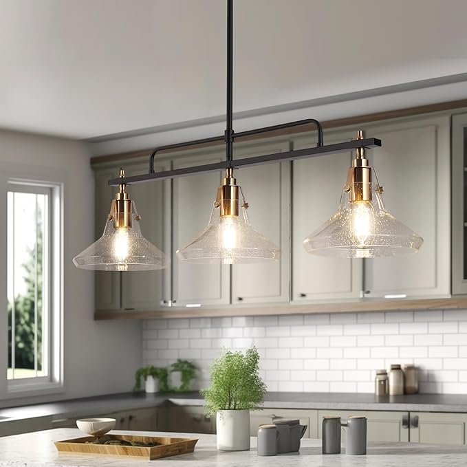 KSANA Dining Room Chandelier, Black and Gold Linear Chandelier Pool Table Light 3 Light Kitchen Island Lights with Seeded Glass for Dining Room, Kitchen Living Room
