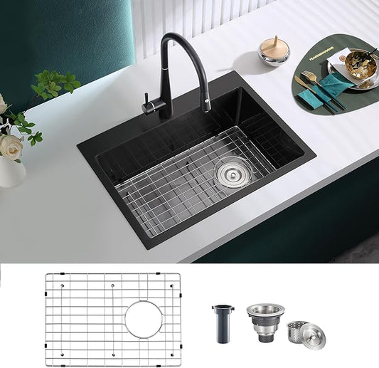 26 inch Drop-in Black Kitchen Sink Single Bowl, Topmount Kitchen Sink with Protective Bottom Grid, Overmount 304 Stainless Steel Kitchen Bar Sink Handmade with Basket Strainer, 26×18×9 inch