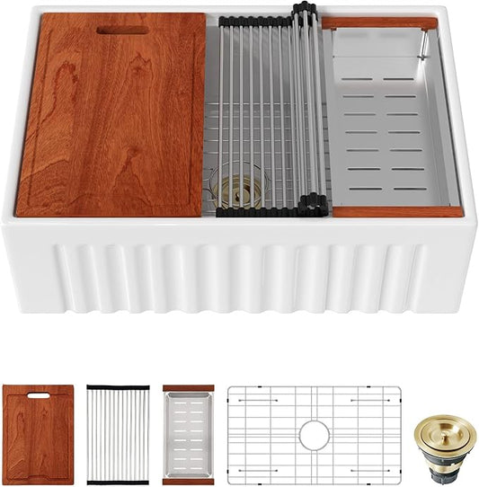 30 White Farmhouse Kitchen Sink - Kichae 30X20 Inch Ledge Workstation Reversible Apron Front Fireclay Ceramic Porcelain Farm Sinks Single Bowl Farmer Sink with Cutting Board
