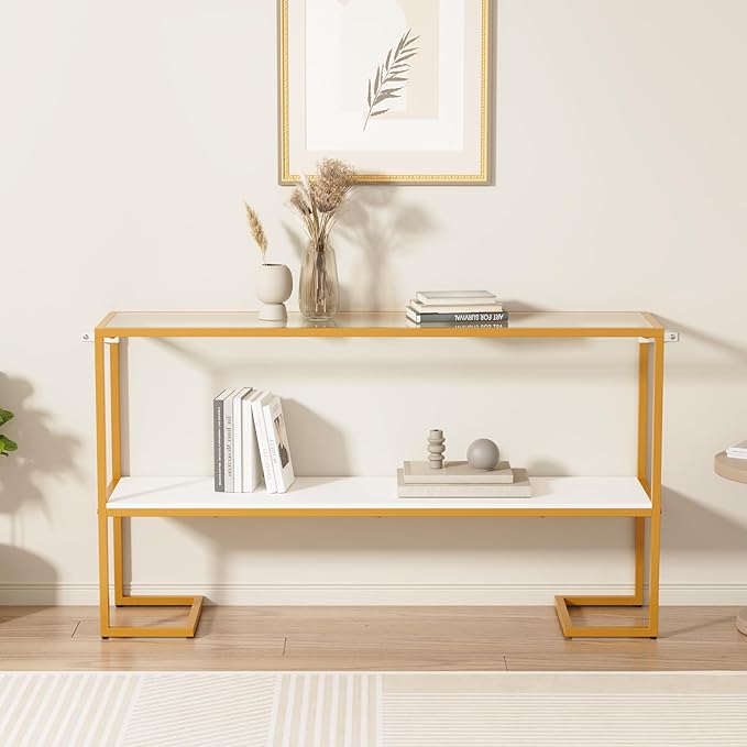 Furnify Console Sofa Table, 52" Modern Entryway Table, 2-Tier Open Shelf with Tempered Glass, Metal Frame Behind Couch Table with Gold Metal Frame for Living Room Hallway Entrance, White